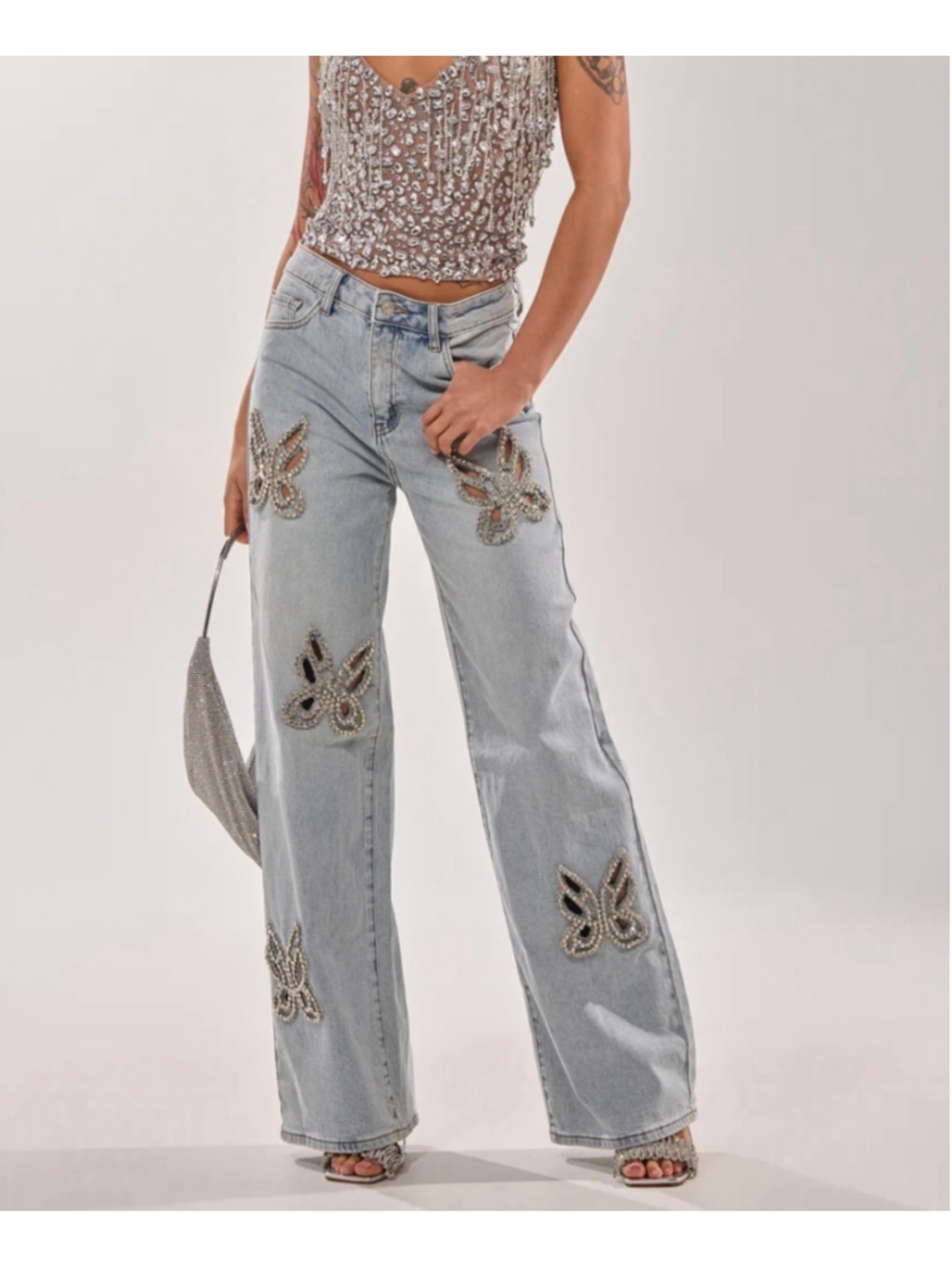 AKIRA Rhinestone Butterfly Cutout Jeans Womens 32 Y2K Wide Leg Light Wash